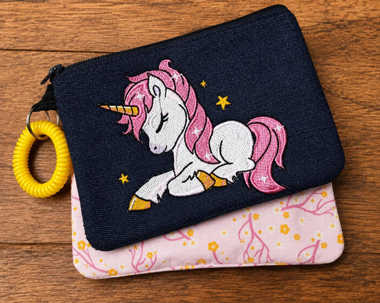 Sleepy Unicorn Denim Zipper Pouch