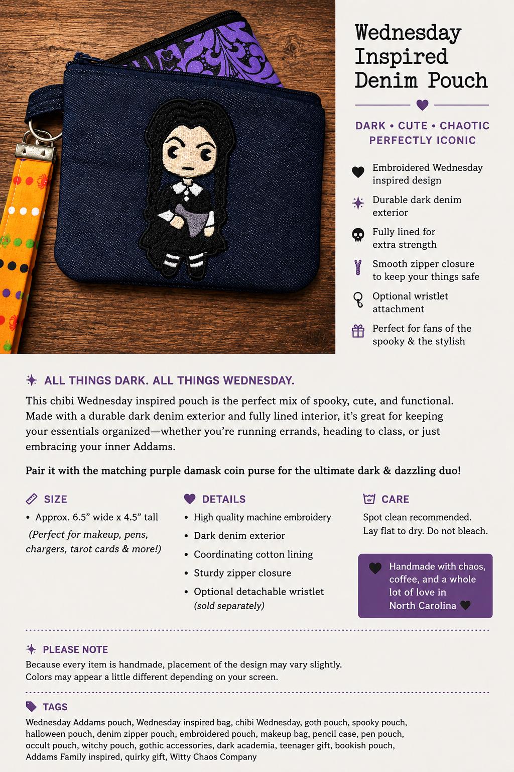 Embroidered Wednesday Denim Pouch | Gothic Spooky Wristlet, Dark Academia Accessory
