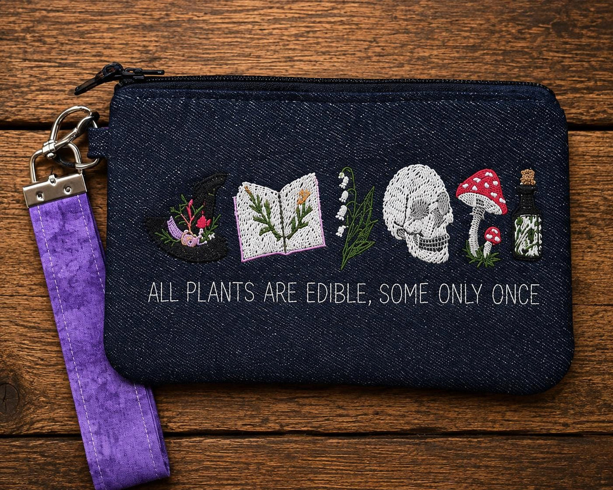 Embroidered Denim Zipper Pouch, Witchy Skull Mushroom Botanical Art, Herbalist Bag Wristlet