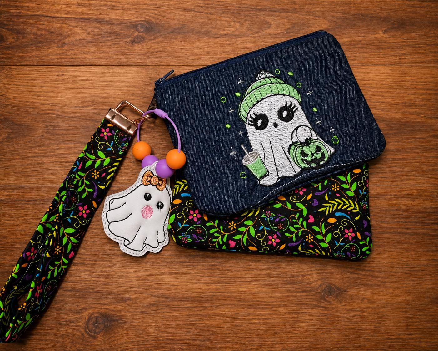 Cute Ghost Zipper Pouch | Cozy Ghost Wristlet | Halloween Makeup Bag | Pink Ghost Gift | Spooky Cute Coin Purse | Fall Accessory