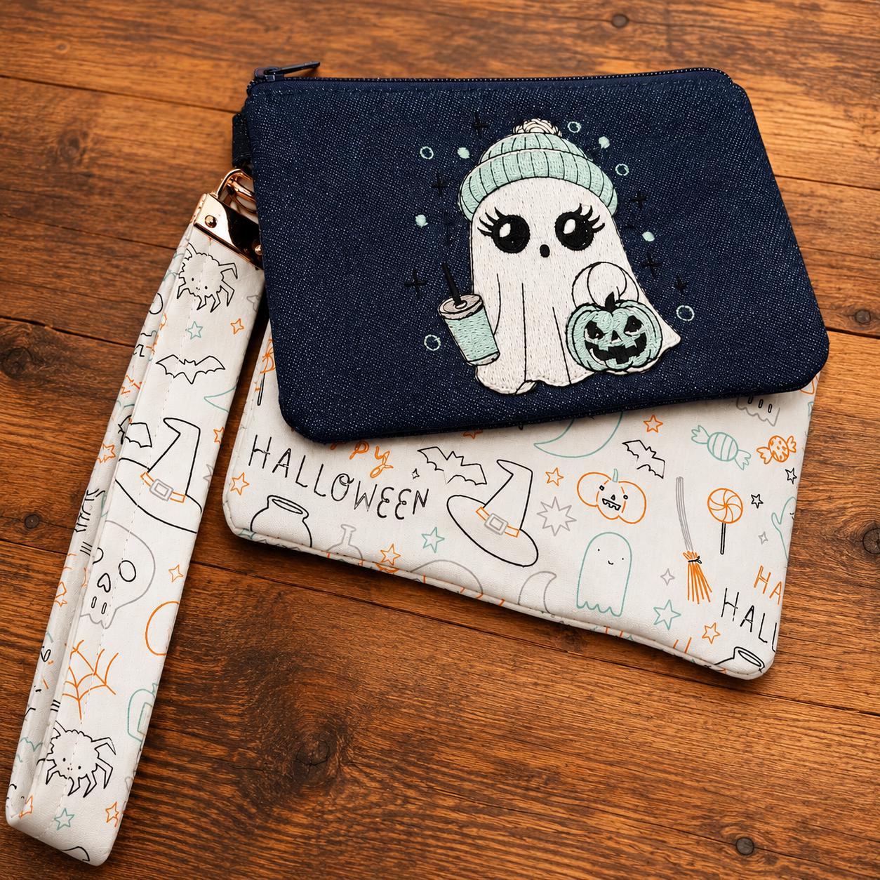 Cute Ghost Zipper Pouch | Cozy Ghost Wristlet | Halloween Makeup Bag | Pink Ghost Gift | Spooky Cute Coin Purse | Fall Accessory