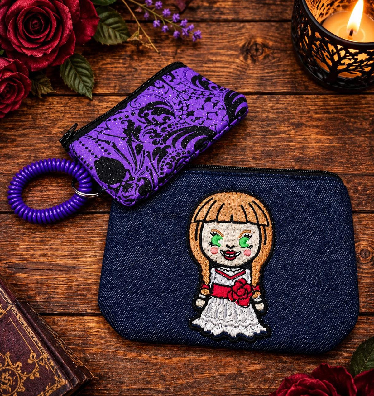 Haunted Doll Zipper Pouch Set | Creepy Gothic Denim Cosmetic Bag