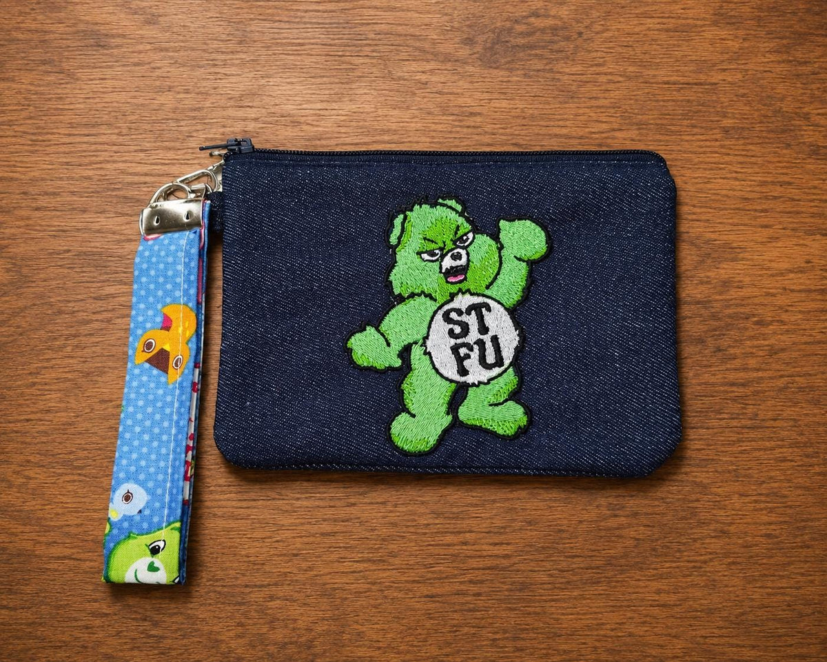 Embroidered Grumpy Bear Denim Zipper Pouch with Wristlet, Snarky Adult Humor Bag
