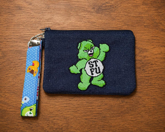 Embroidered Grumpy Bear Denim Zipper Pouch with Wristlet, Snarky Adult Humor Bag
