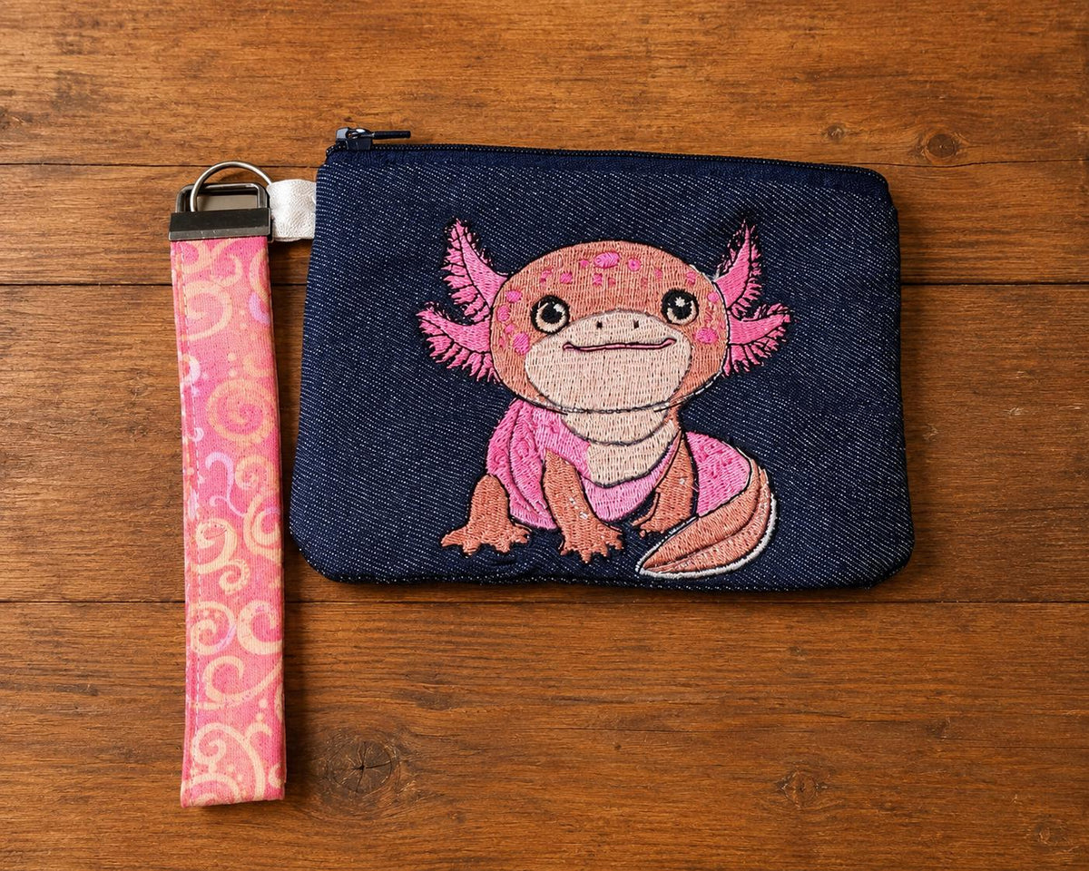 Pink Axolotl Embroidered Denim Pouch, Detachable Wristlet, Aquatic Animal Bag