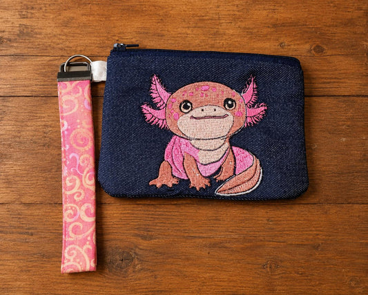 Pink Axolotl Embroidered Denim Pouch, Detachable Wristlet, Aquatic Animal Bag