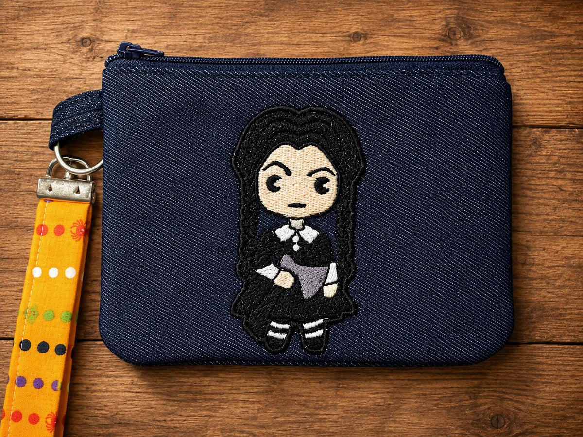 Embroidered Wednesday Denim Pouch | Gothic Spooky Wristlet, Dark Academia Accessory