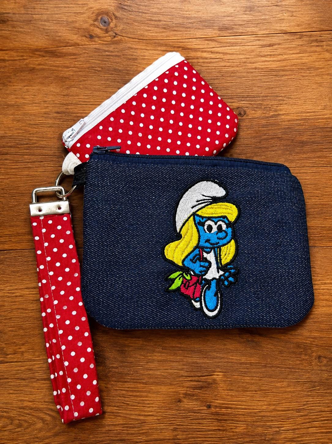 80s Retro Cartoon Zipper Pouch Set | Smurf Embroidered Wristlet Bag Buddy