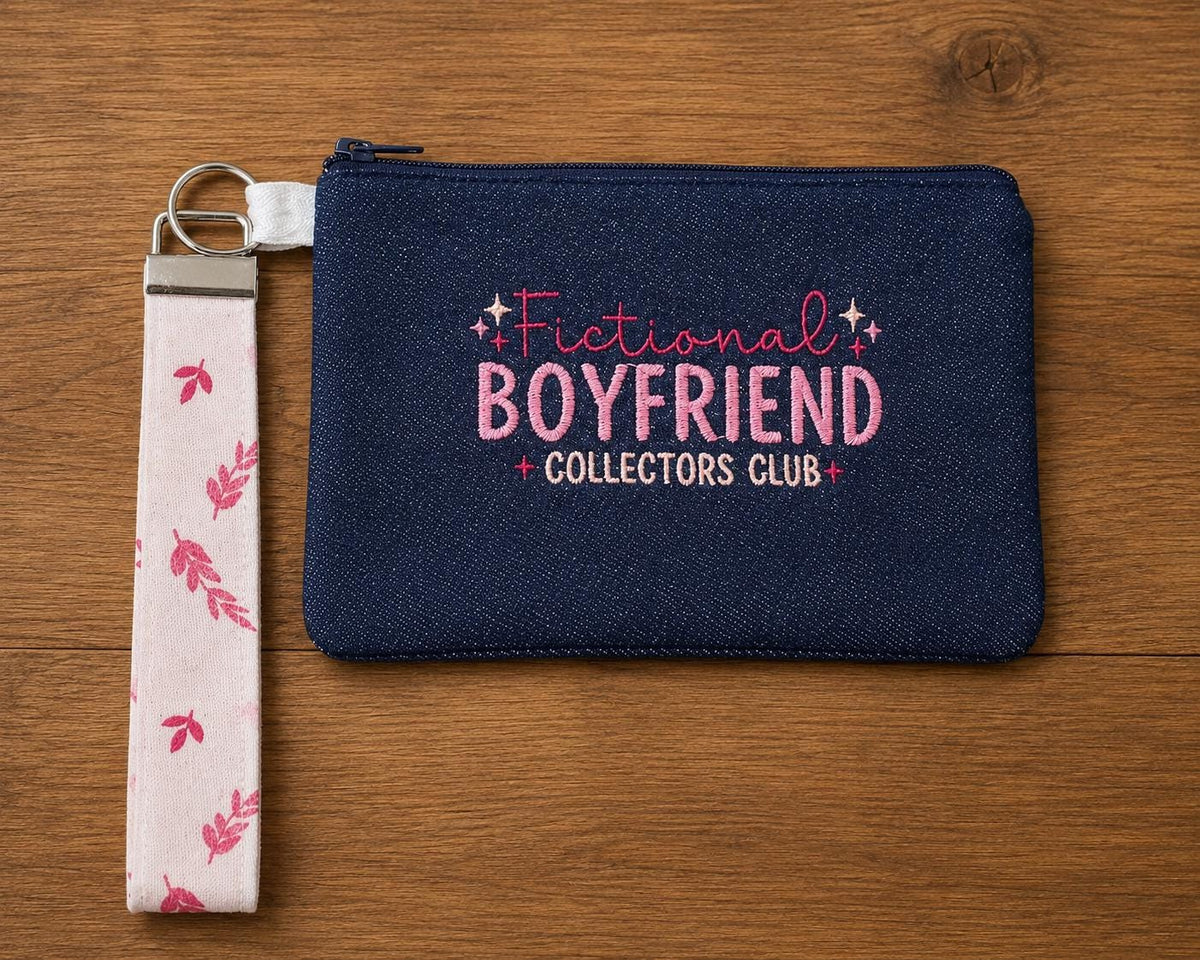 Embroidered Denim Pouch, Fictional Boyfriend Collectors Club, Reader Accessory Wristlet