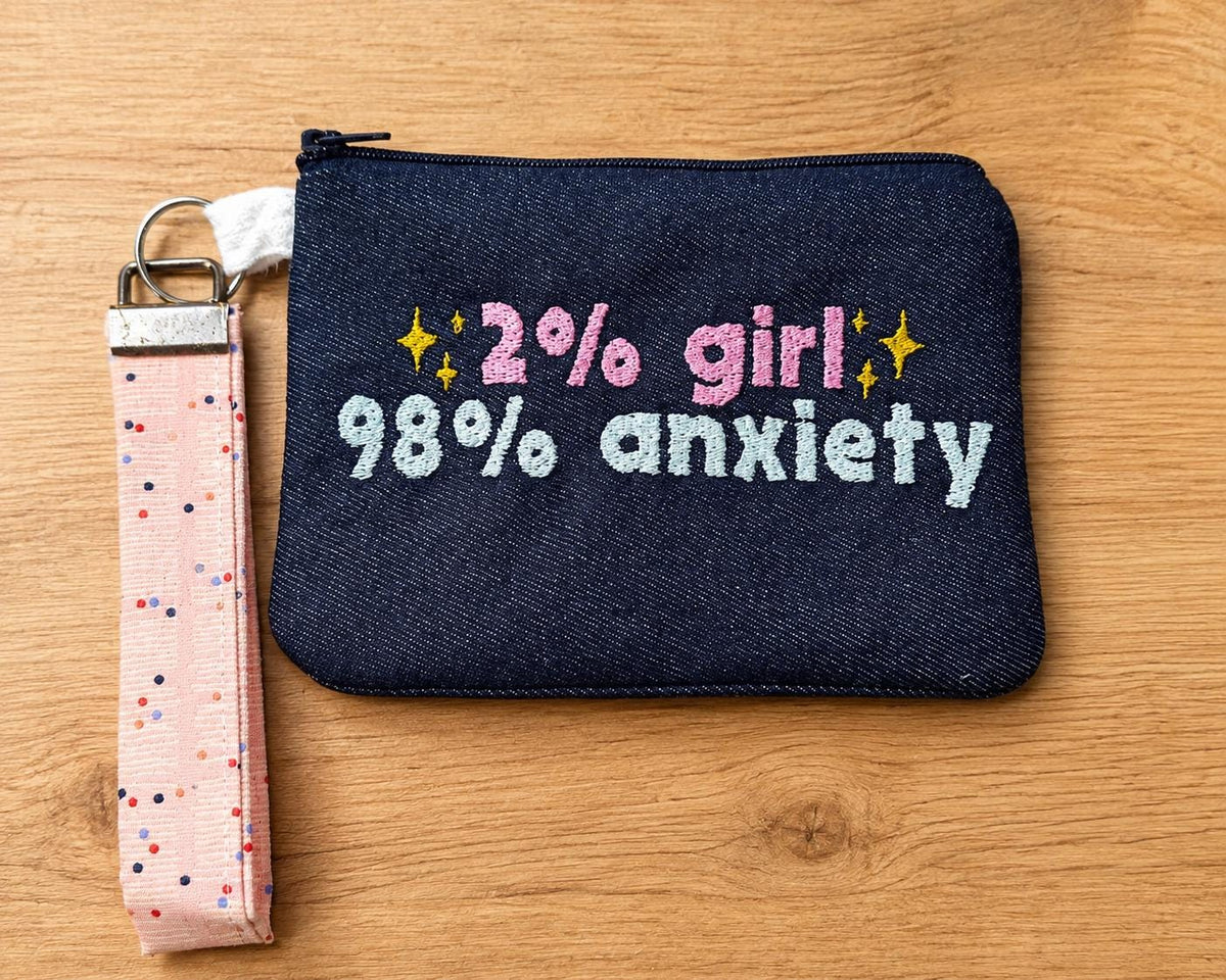 Girl Anxiety Embroidered Denim Pouch with Wristlet | Funny Introvert Gift | Anxiety Humor Zipper Bag | Mental Health Gift