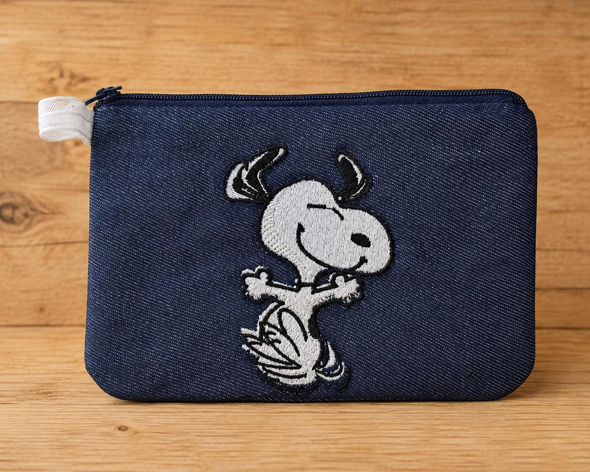 Handmade Embroidered Denim Zipper Pouch | Dancing Beagle Makeup Bag