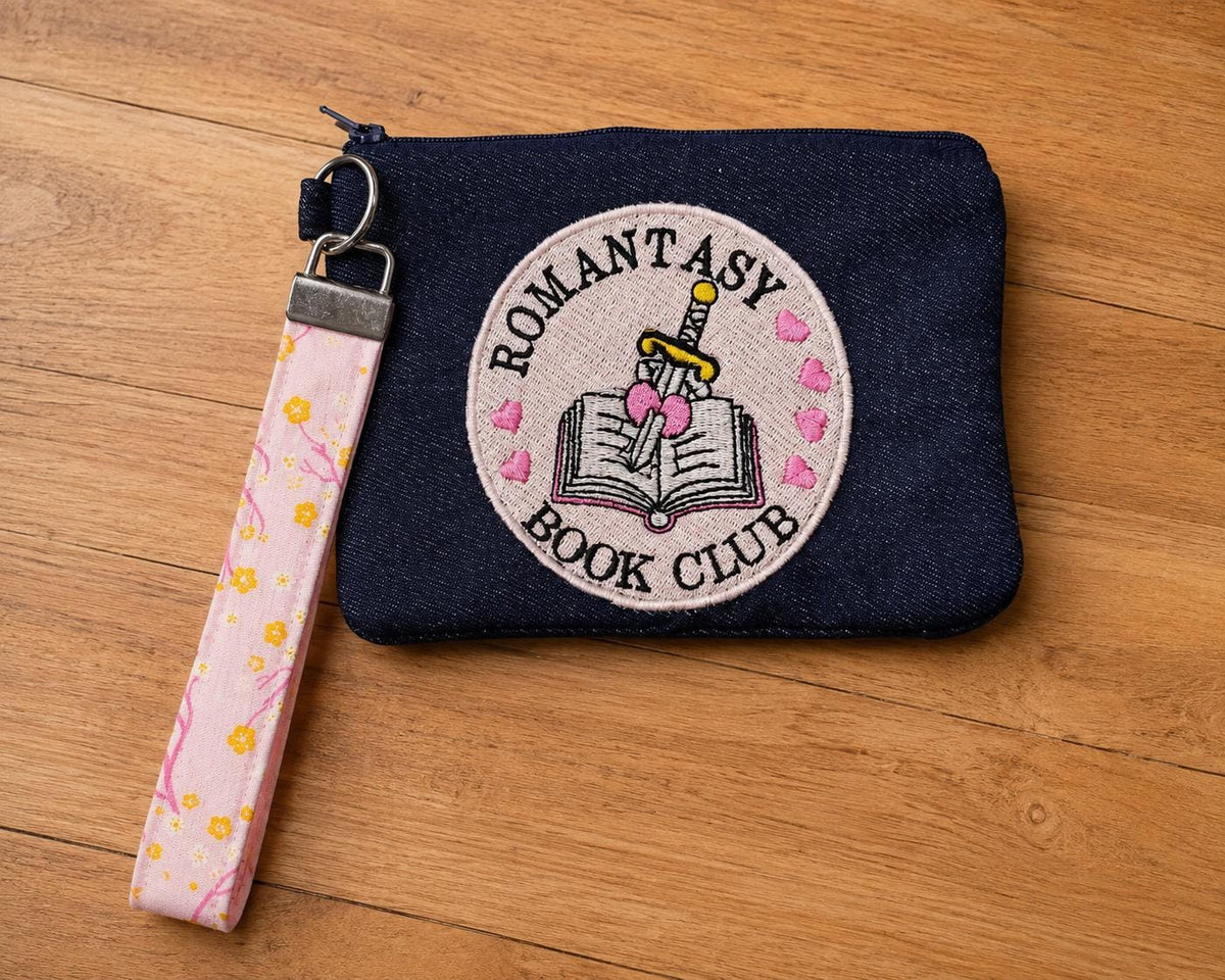 Handmade Navy Denim Zipper Pouch with Wristlet | Romantasy Book Club Embroidery