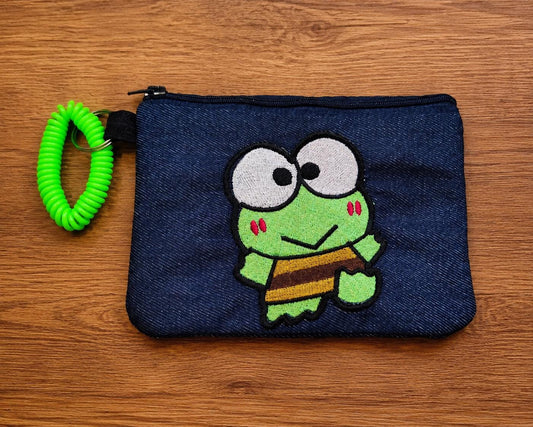 Embroidered Frog Denim Zipper Pouch, Neon Green Wristlet, Kawaii Accessory Bag