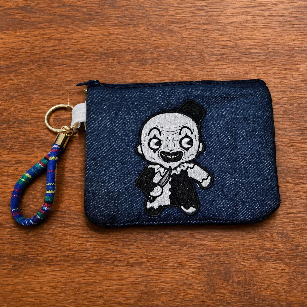 Handmade Embroidered Clown Zipper Pouch, Denim Horror Bag with Wristlet