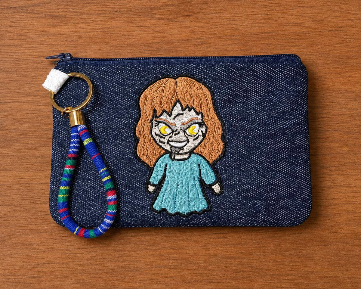 Handmade Embroidered Denim Pouch | Horror Girl Wristlet Bag