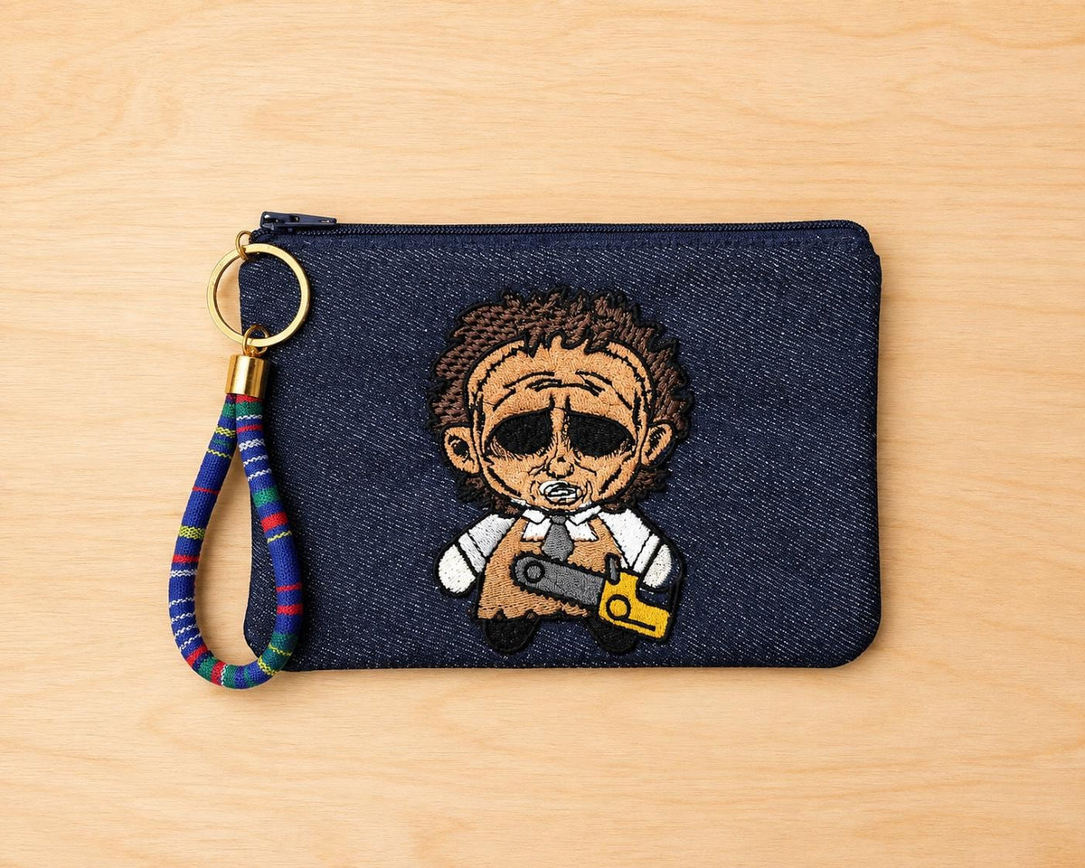 Chainsaw Slasher Denim Wristlet Pouch, Embroidered Horror Zipper Bag, Spooky Gift for Horror Fans