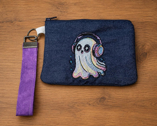 Embroidered Denim Pouch, Pastel Ghost with Headphones, Purple Wristlet