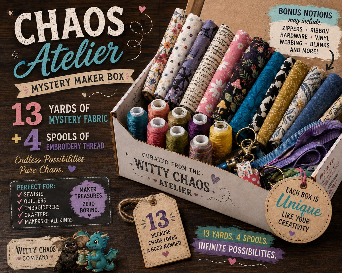 Chaos Atelier Mystery Fabric Box | 13 Yards + 4 Spools Embroidery Thread (Novelty Prints)