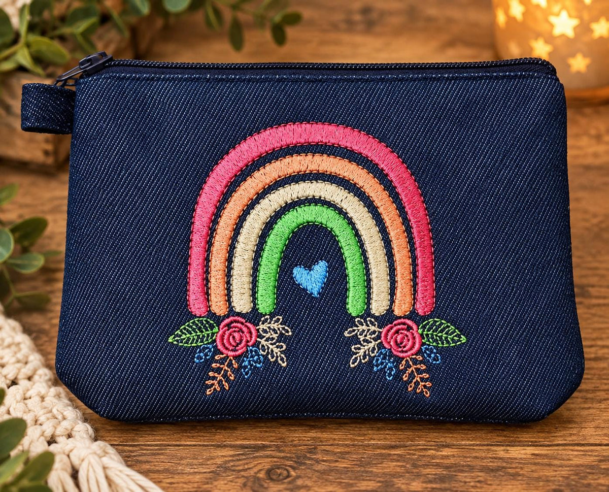 Handmade Denim Zipper Pouch | Embroidered Rainbow Floral Heart | Small Accessory Bag