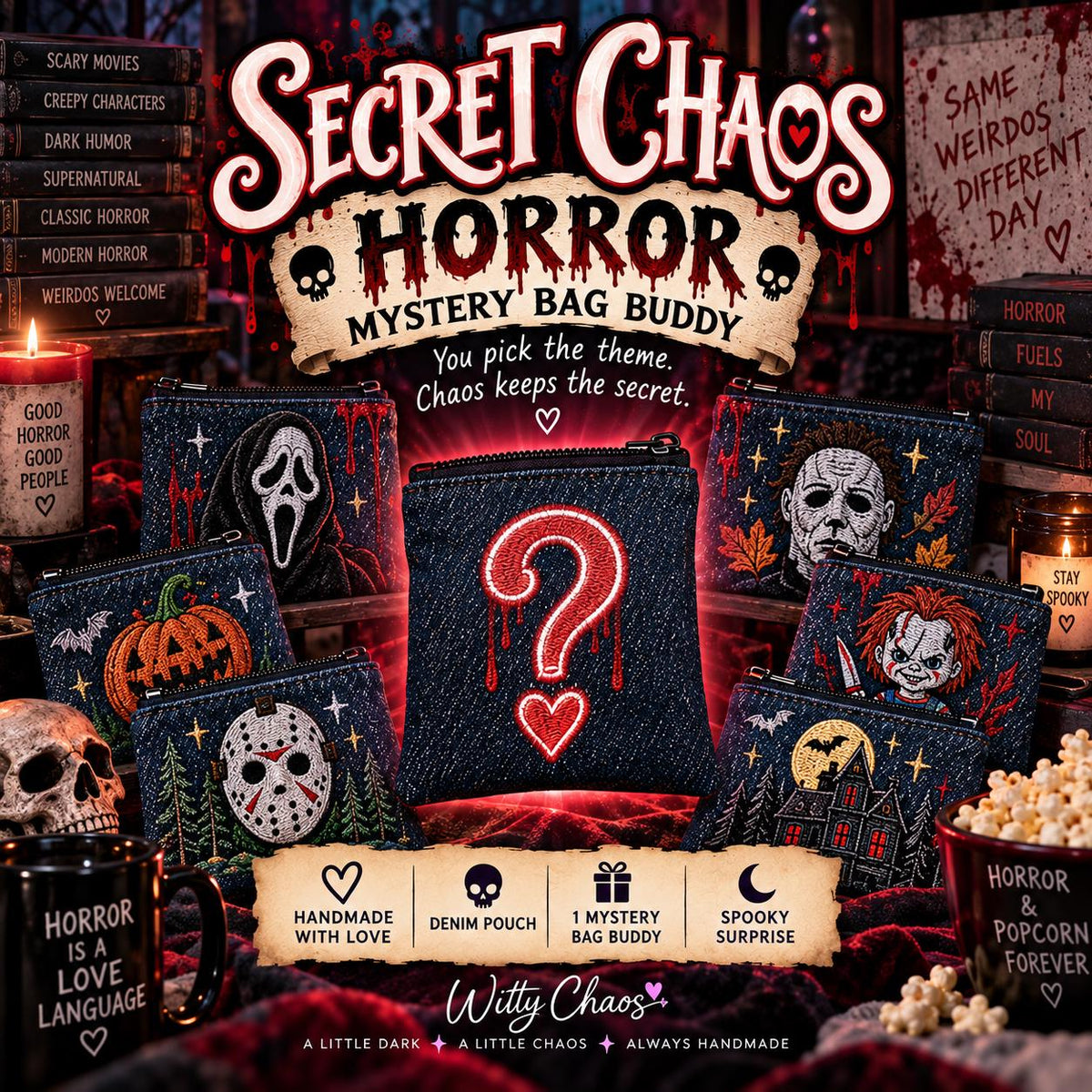 Secret Chaos Horror Mystery Bag Buddy – Embroidered Denim Pouch (Surprise Design)