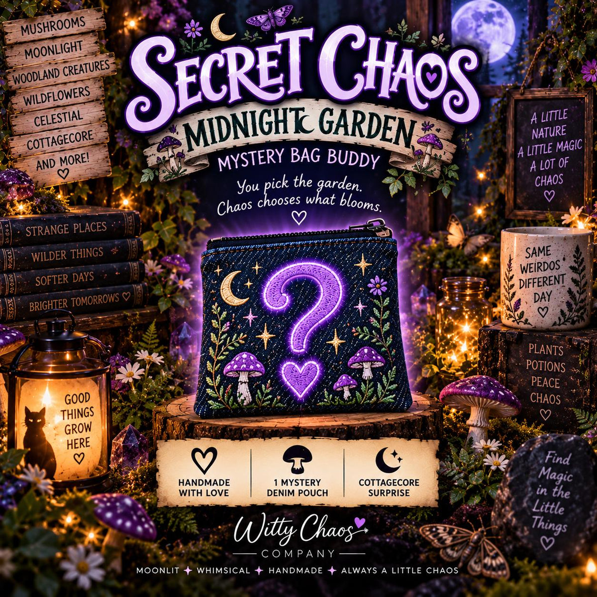 Midnight Garden Mystery Bag Buddy – Embroidered Denim Pouch (Cottagecore Surprise)