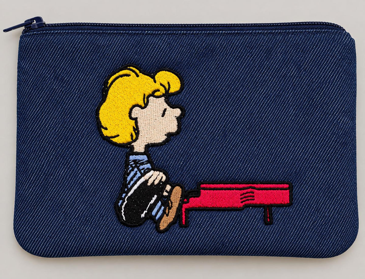Embroidered Denim Zipper Pouch | Retro Piano Girl Cartoon (Handmade)
