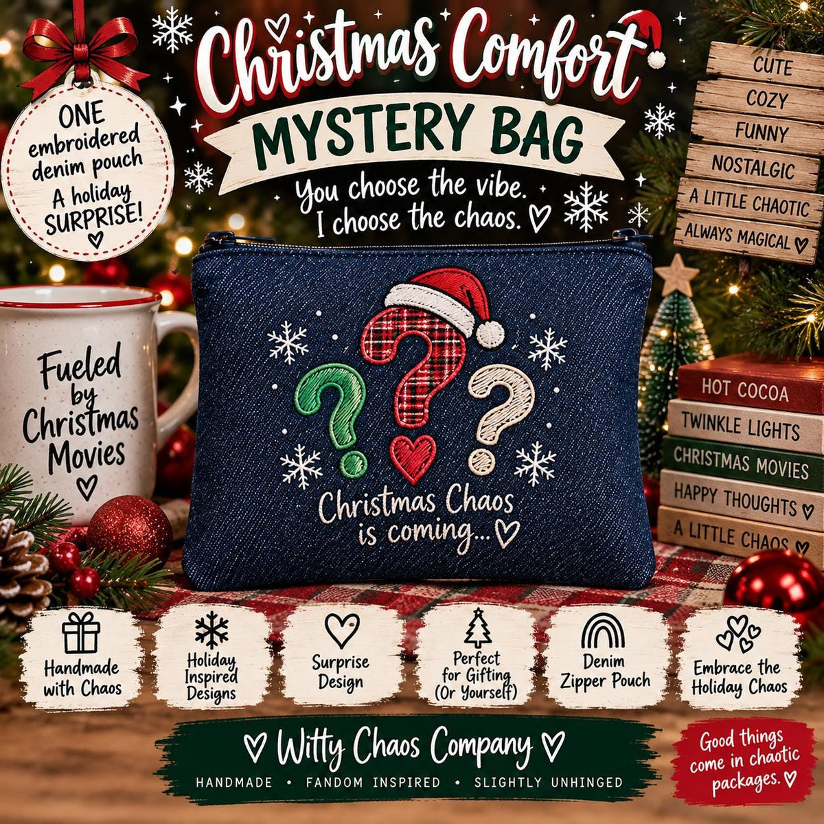 Christmas Comfort Mystery Pouch | Holiday Embroidered Denim Zipper Bag | Cozy Christmas Surprise Gift