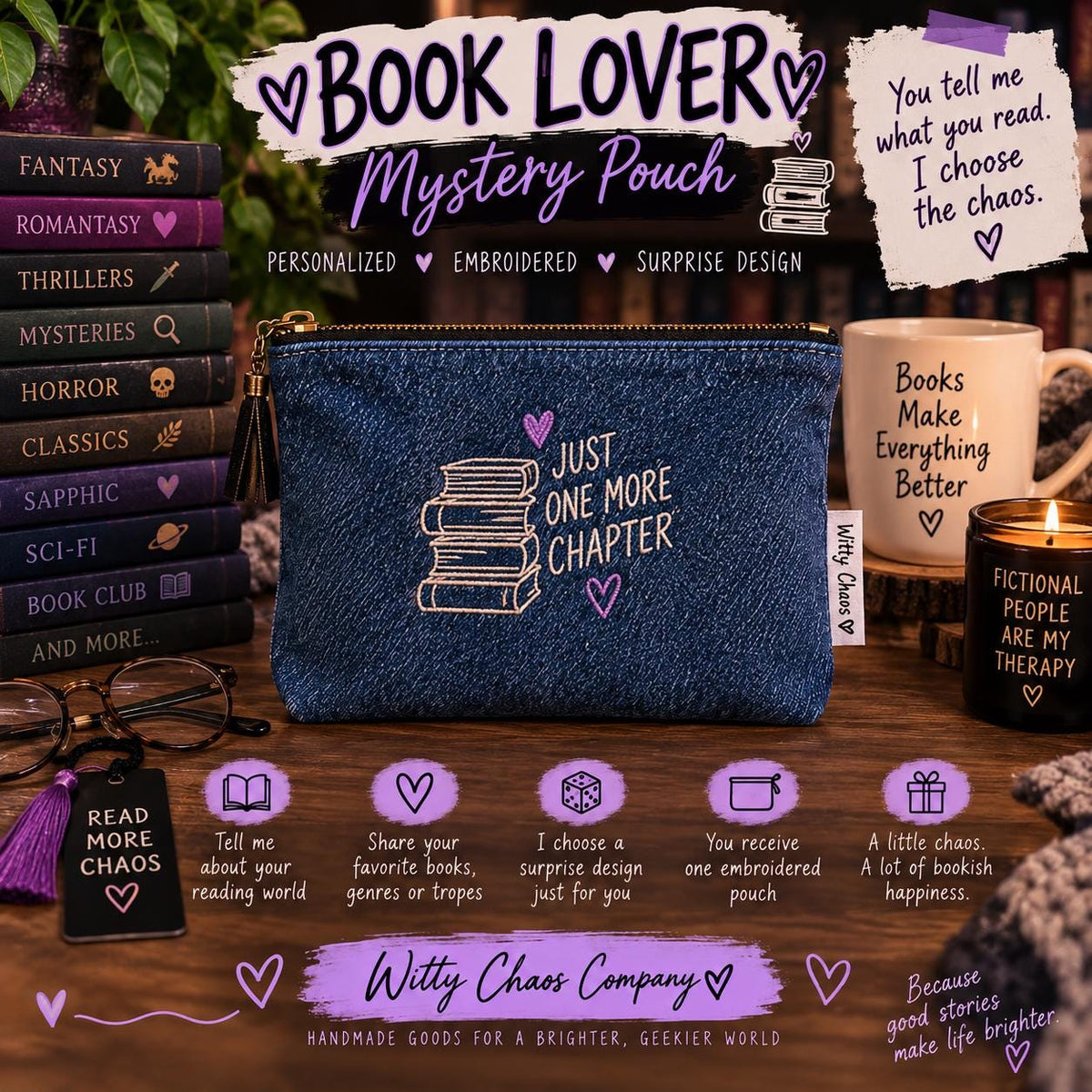 Book Lover Mystery Pouch | Personalized Reader Gift | Embroidered Denim Zipper Bag | Bookish Surprise