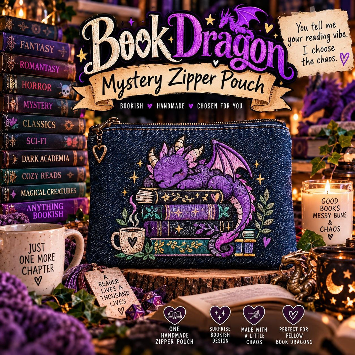 Handmade Embroidered Denim Zipper Pouch | Bookish Dragon Design (Mystery Item)