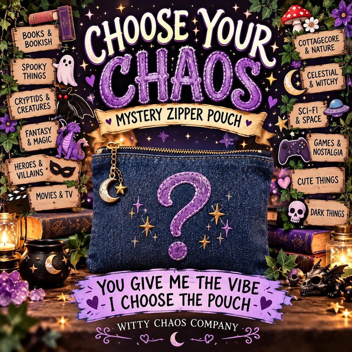 Choose Your Chaos Mystery Embroidered Denim Pouch | Handmade Zipper Bag