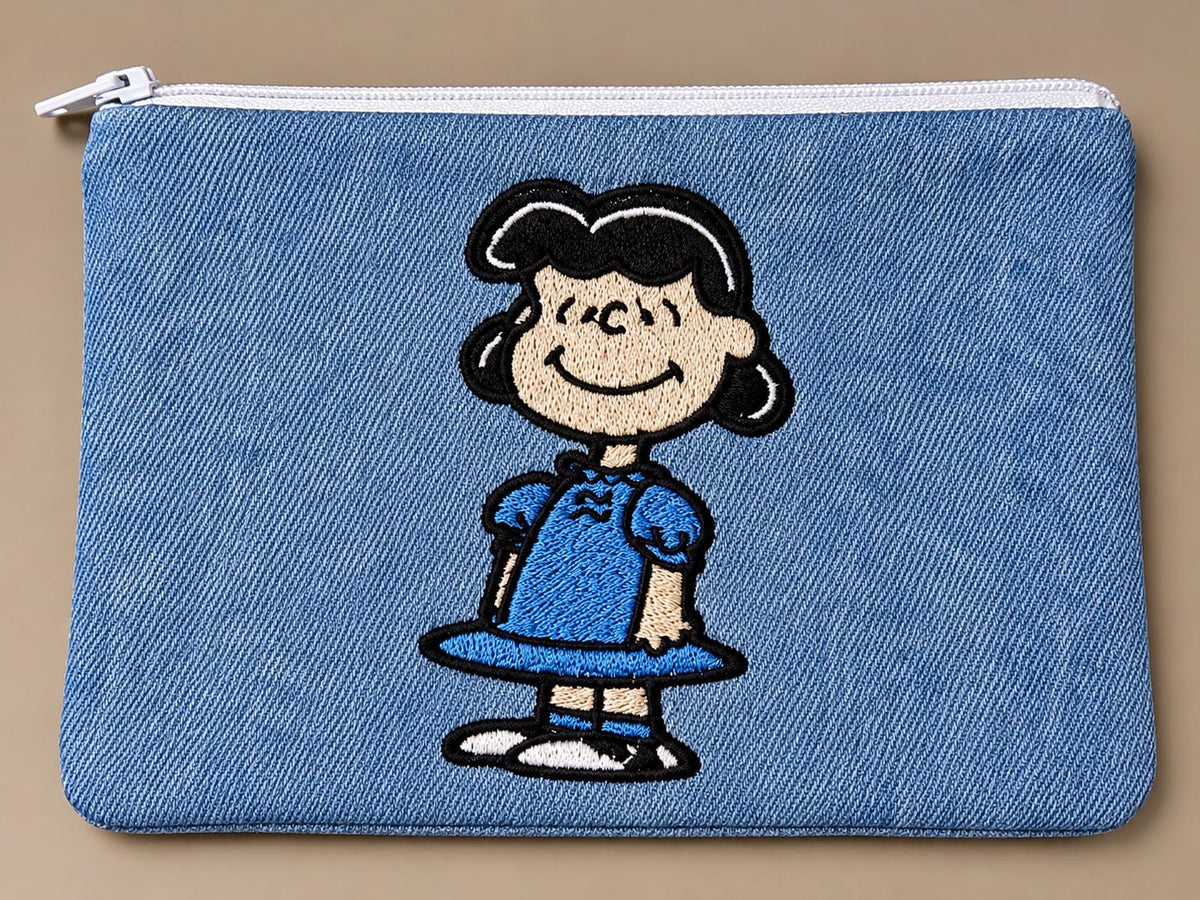 Handmade Embroidered Denim Zipper Pouch | Lucy-Inspired Cartoon Character Bag
