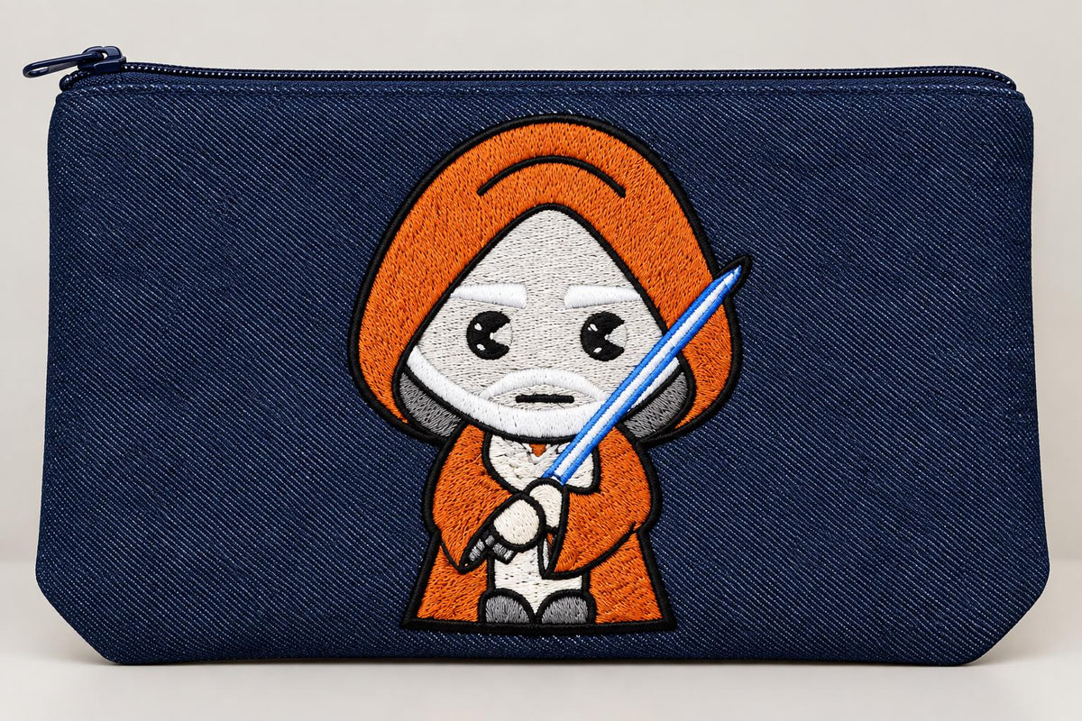 Handmade Embroidered Denim Pouch | Galactic Hero Zipper Bag (Sci-Fi Accessory)