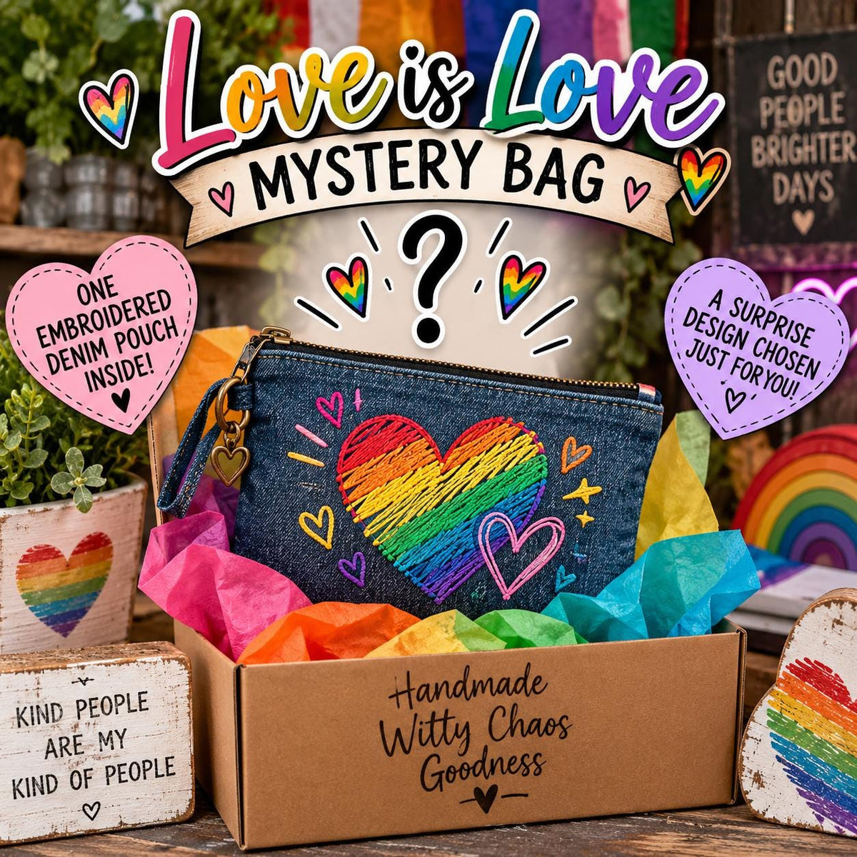 Love Is Love Embroidered Denim Pouch | Colorful Surprise Design (Mystery Bag)