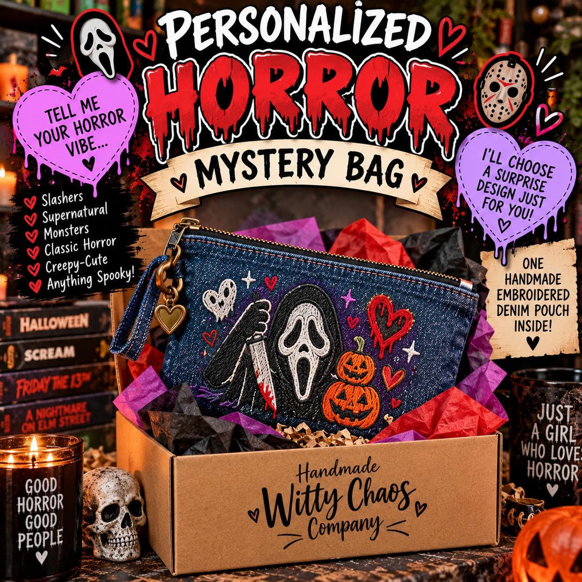 Personalized Horror Mystery Bag | Embroidered Denim Zipper Pouch | Spooky Surprise Gift | Horror Lover Care Package
