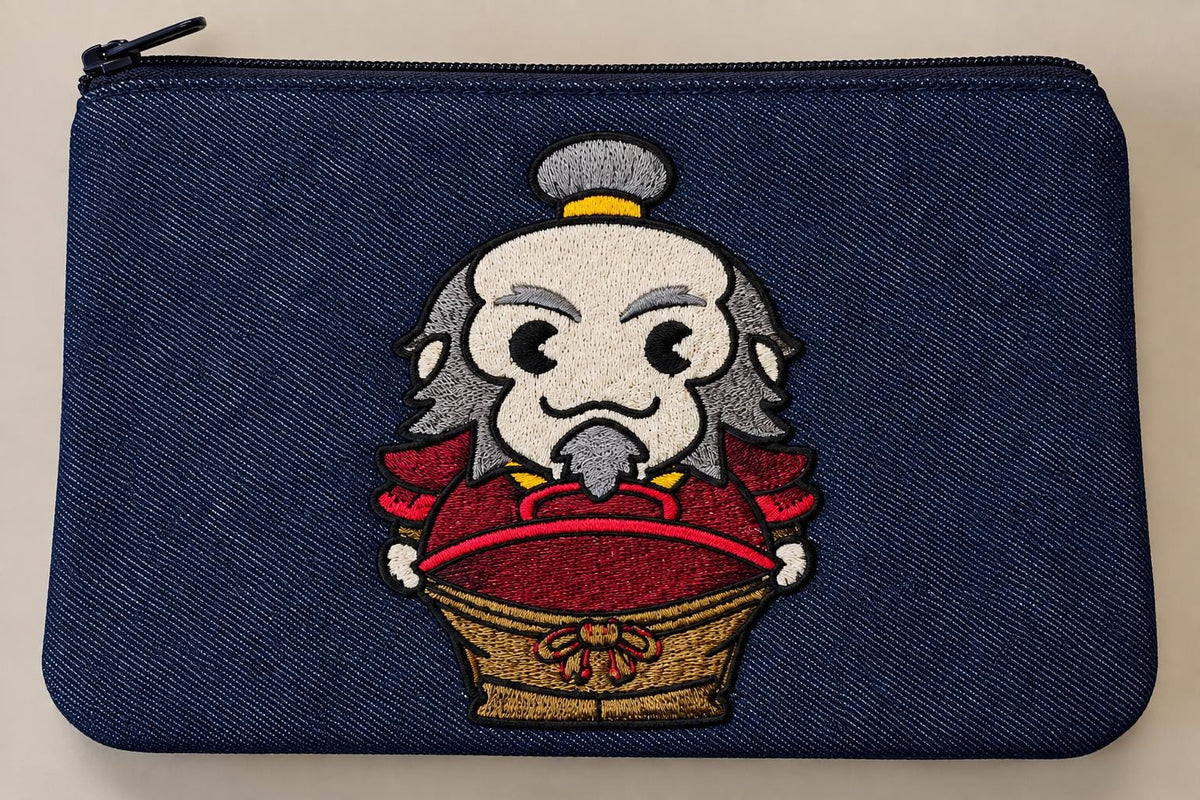 Handmade Embroidered Denim Pouch | Wise Tea Master Character Zipper Bag
