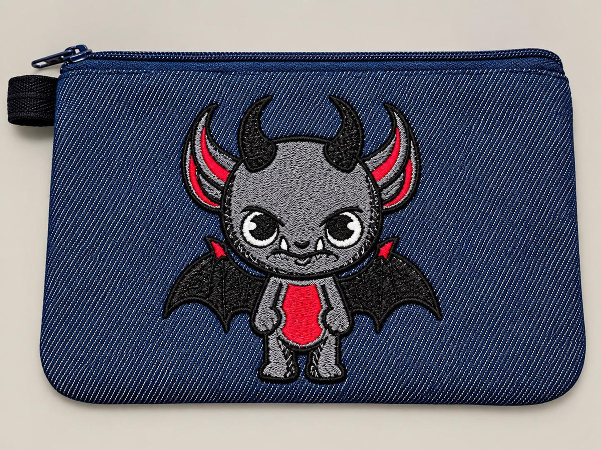 Embroidered Demon Bag Buddy: Denim Pouch