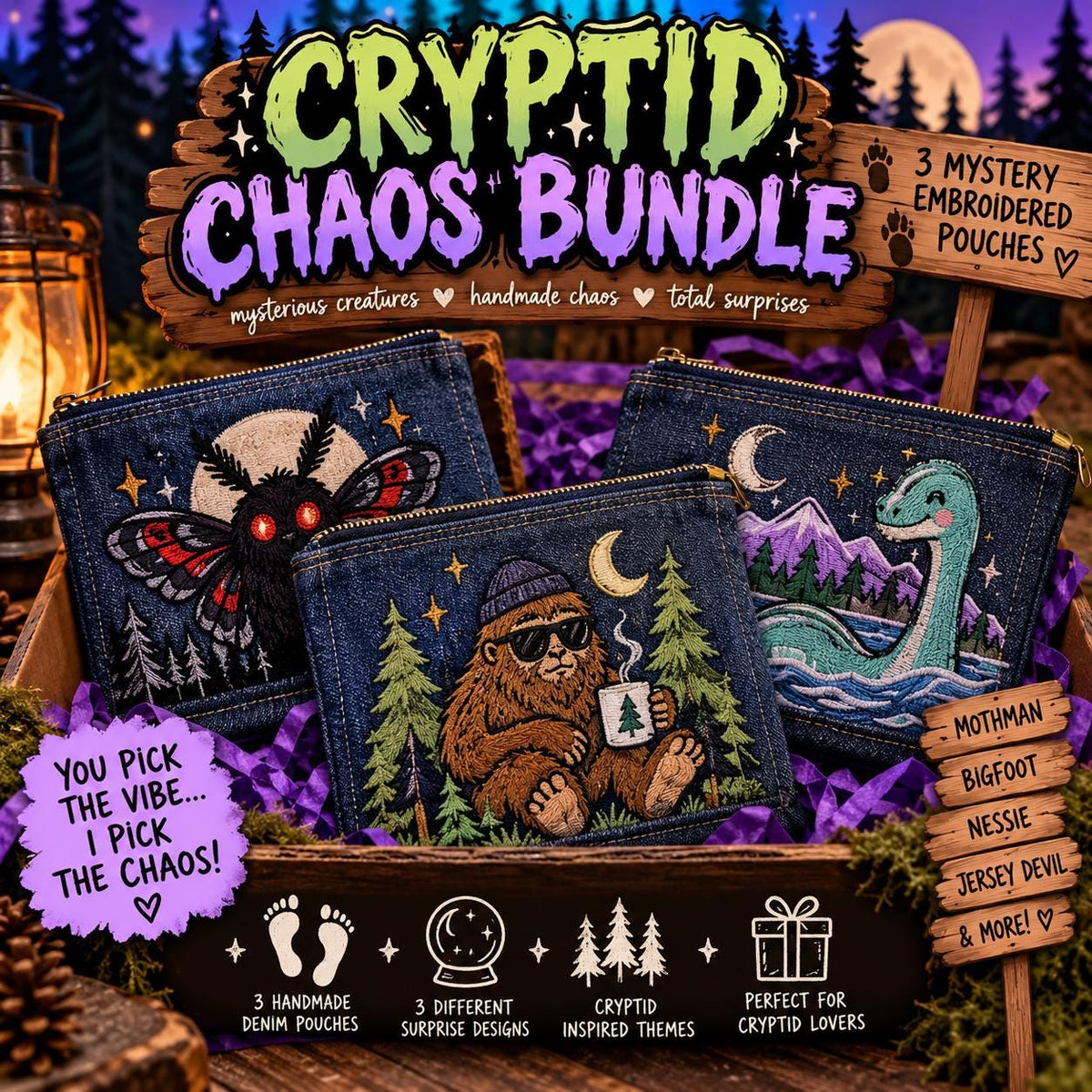 Cryptid Chaos Bundle | 3 Handmade Embroidered Denim Pouches (Mystery Designs)