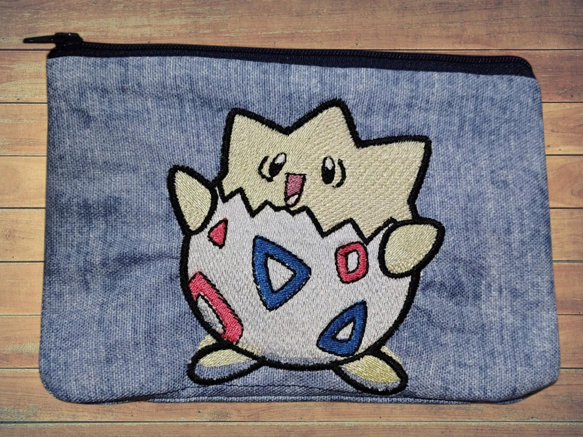 Embroidered Denim Zipper Pouch, Egg-Inspired Creature, Handmade by Witty Chaos