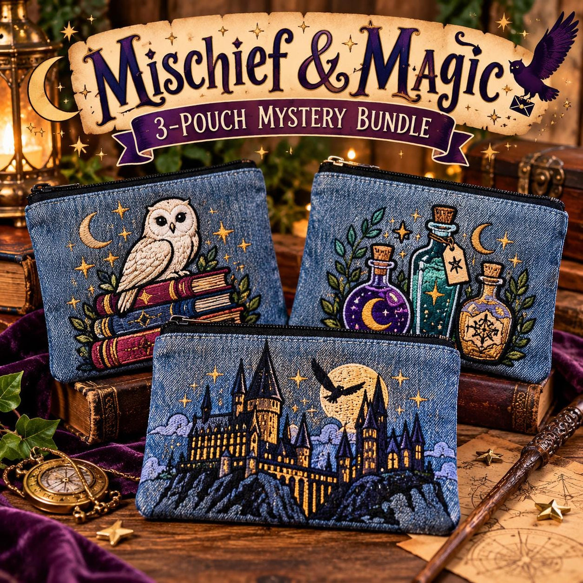 3 Embroidered Denim Zipper Pouches, Magical School & Wizard-Inspired
