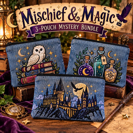 3 Embroidered Denim Zipper Pouches, Magical School & Wizard-Inspired