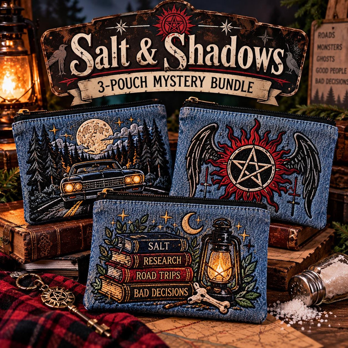 Salt & Shadows – 3-Pouch Mystery Bundle | Handmade Embroidered Denim Bags | Paranormal Hunter Inspired Mystery Gift