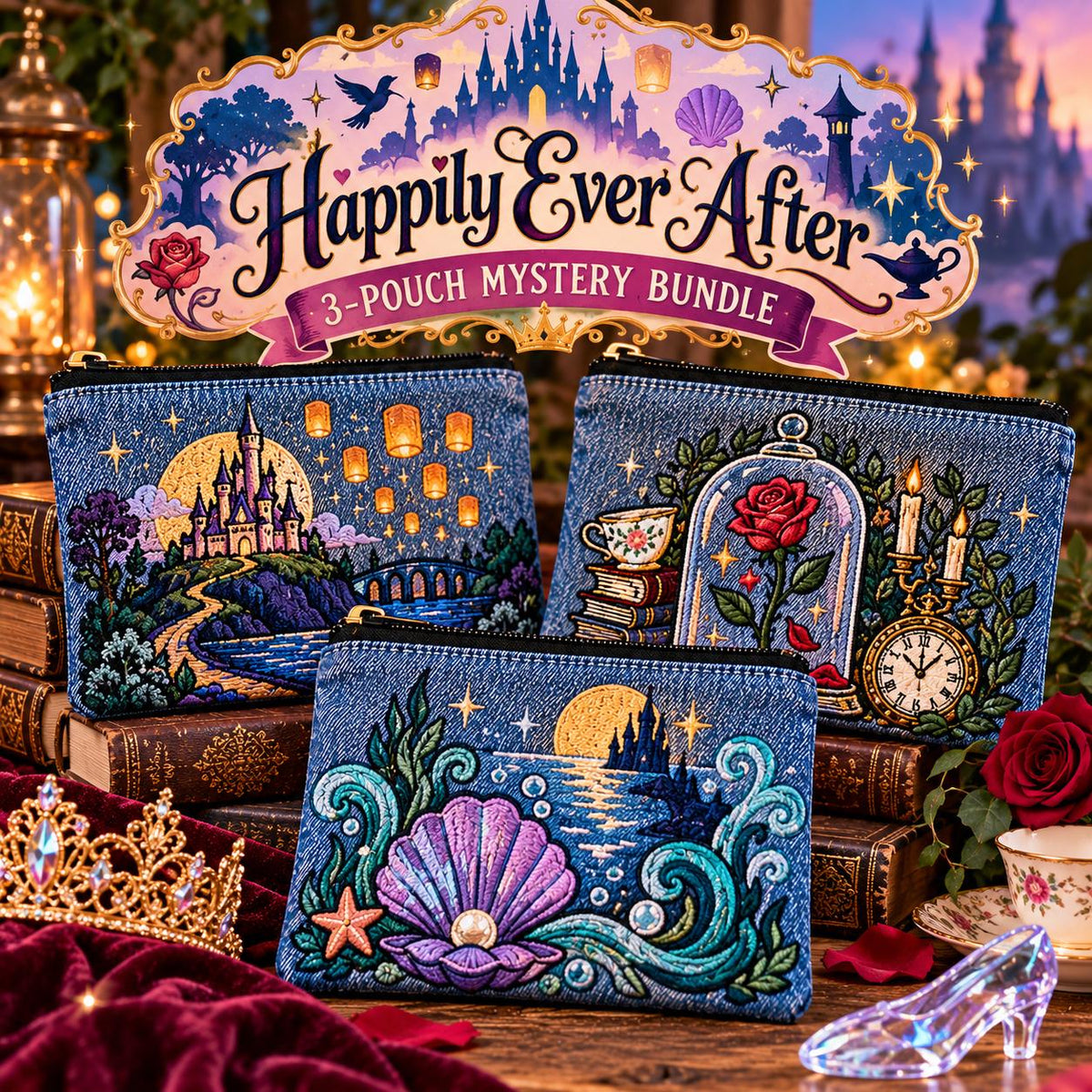 Fairytale Embroidered Denim Pouches | 3-Pouch Mystery Bundle (Handmade)