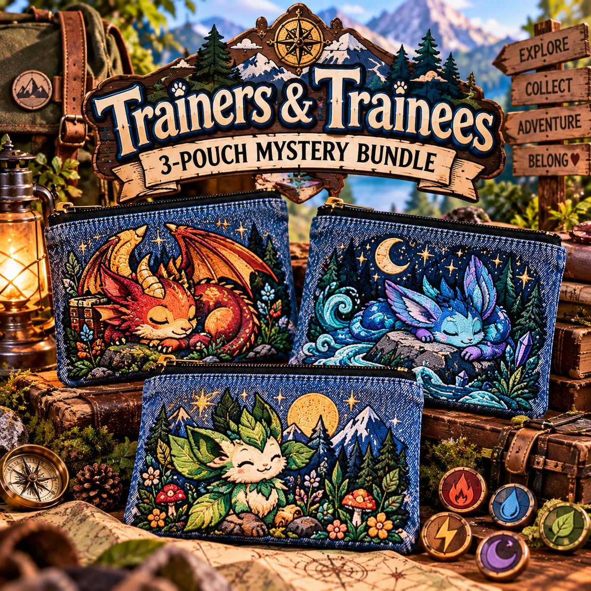 Trainers & Trainees 3-Pouch Denim Mystery Bundle – Embroidered Creature Bags