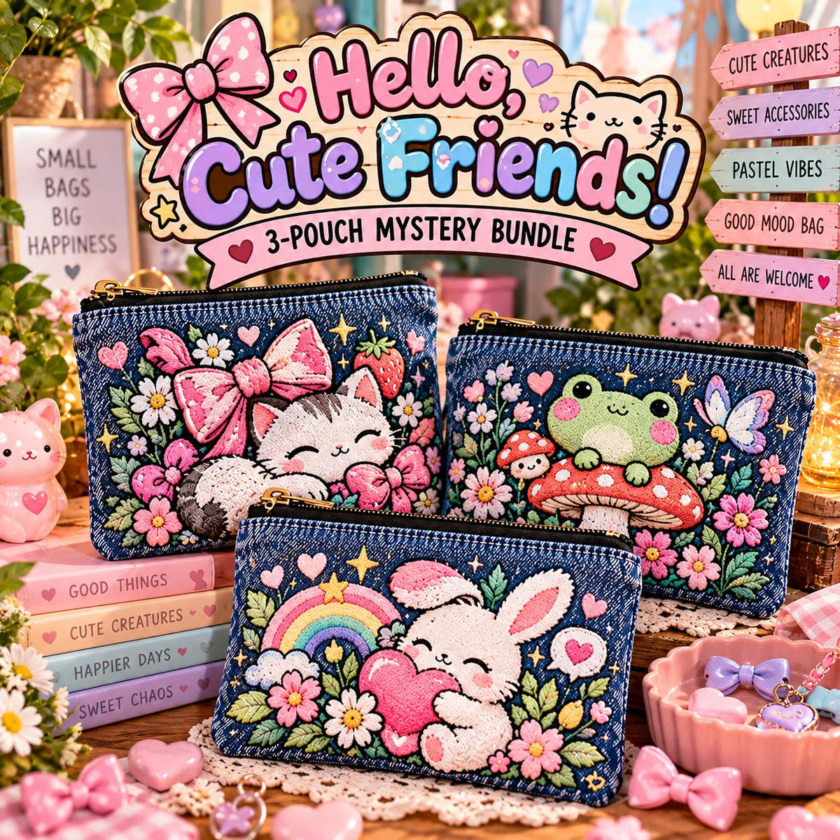 3-Pouch Embroidered Denim Mystery Bundle | Kawaii Creature Zipper Pouches