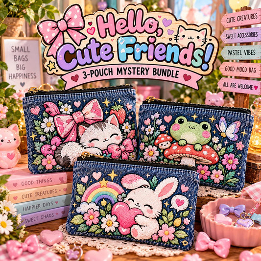 3-Pouch Embroidered Denim Mystery Bundle | Kawaii Creature Zipper Pouches