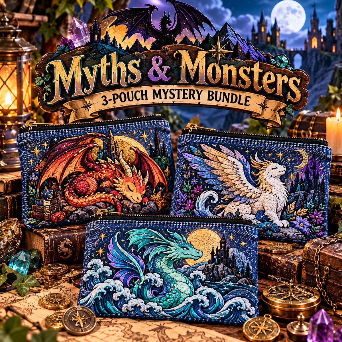 Myths & Monsters Embroidered Denim Pouch Bundle | Fantasy Creature Zipper Bags (3-Pouch Mystery)