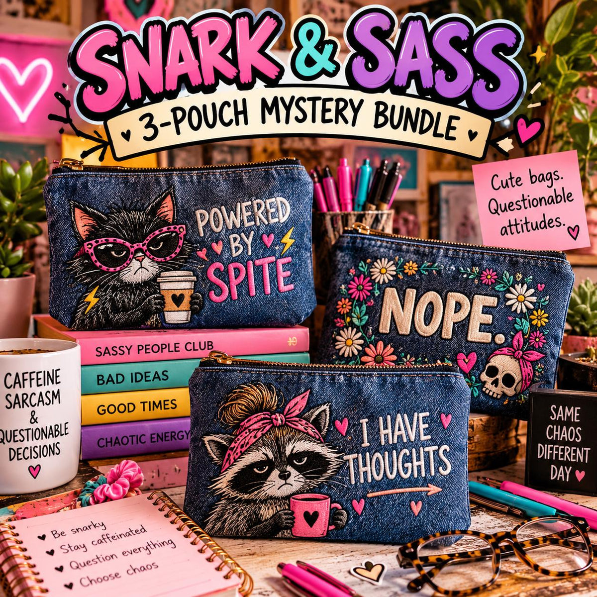 Snark & Sass Embroidered Denim Pouches | Sarcastic Adult Humor Gift (3-Pouch Bundle)