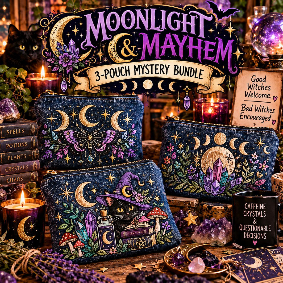 Moonlight & Mayhem 3-Pouch Mystery Bundle | Witchy Embroidered Denim Bags | Celestial Mystical Mystery Gift