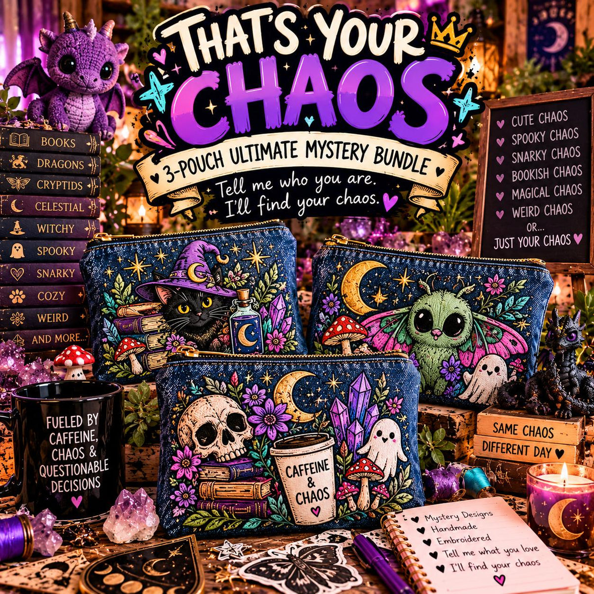 That's Your Chaos 3-Pouch Ultimate Mystery Bundle | Embroidered Denim Zipper Bags | Personalized Surprise Gift