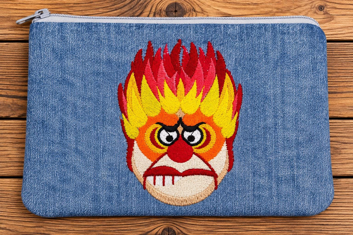 Fire Temper Embroidered Denim Pouch | Angry Holiday Character Inspired Zipper Bag | Retro Christmas Villain Vibes | Handmade Gift